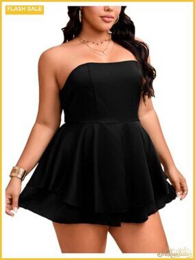 Plus Size Strapless Floral Layered Ruffle Hem Romper Jumpsuit